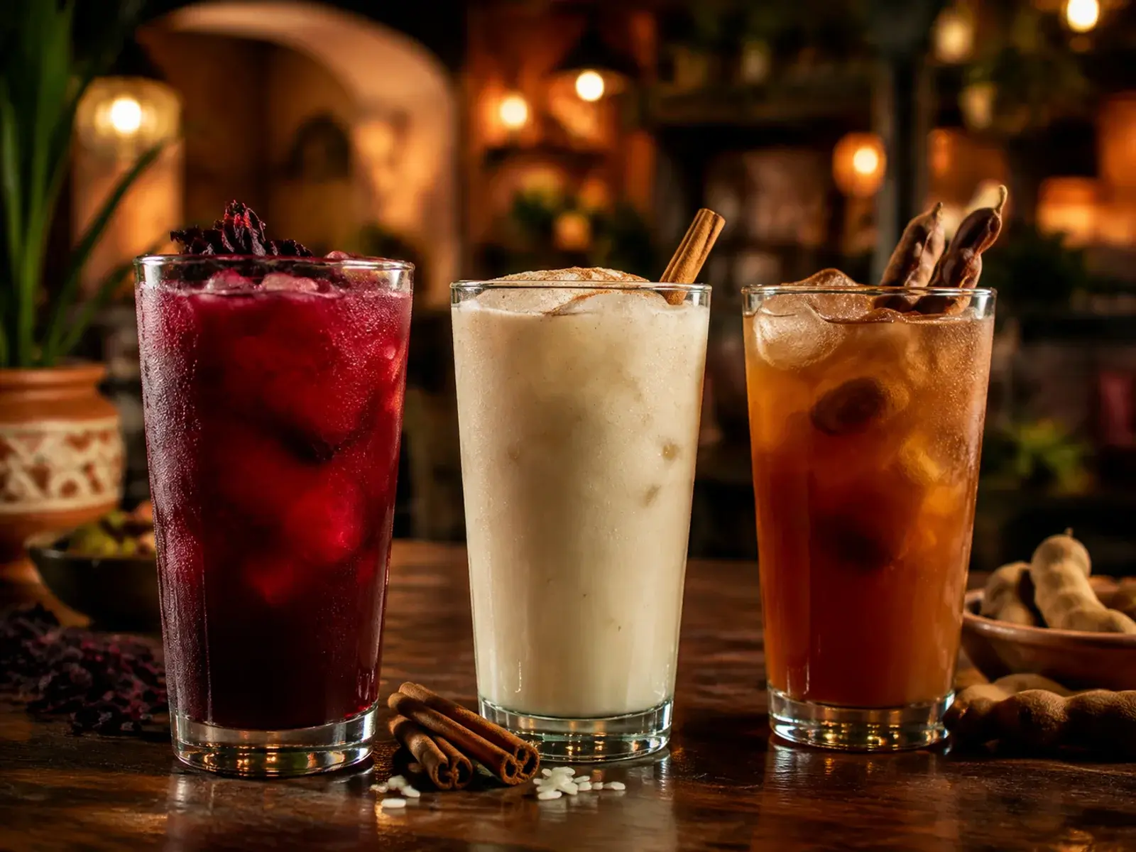 Three chilled glasses of jamaica, horchata, and tamarindo aguas frescas