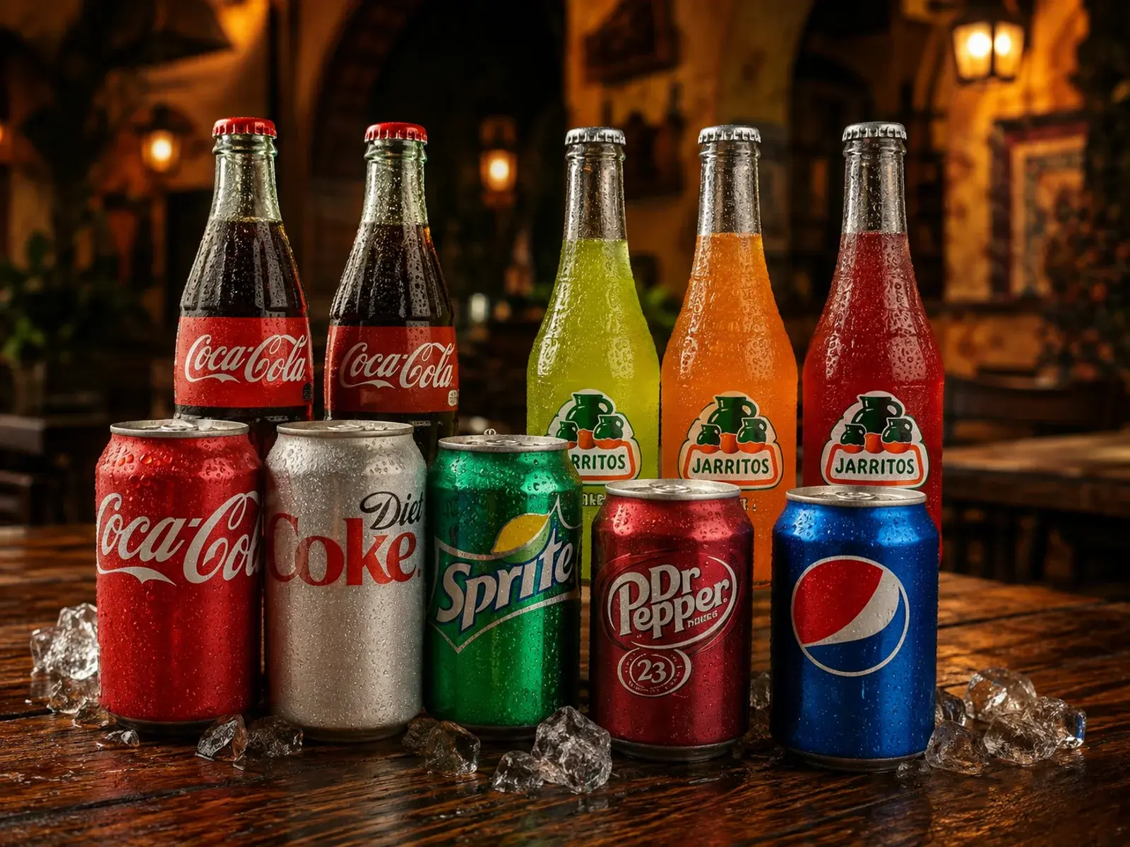 Chilled canned and bottled sodas on a warm restaurant bar