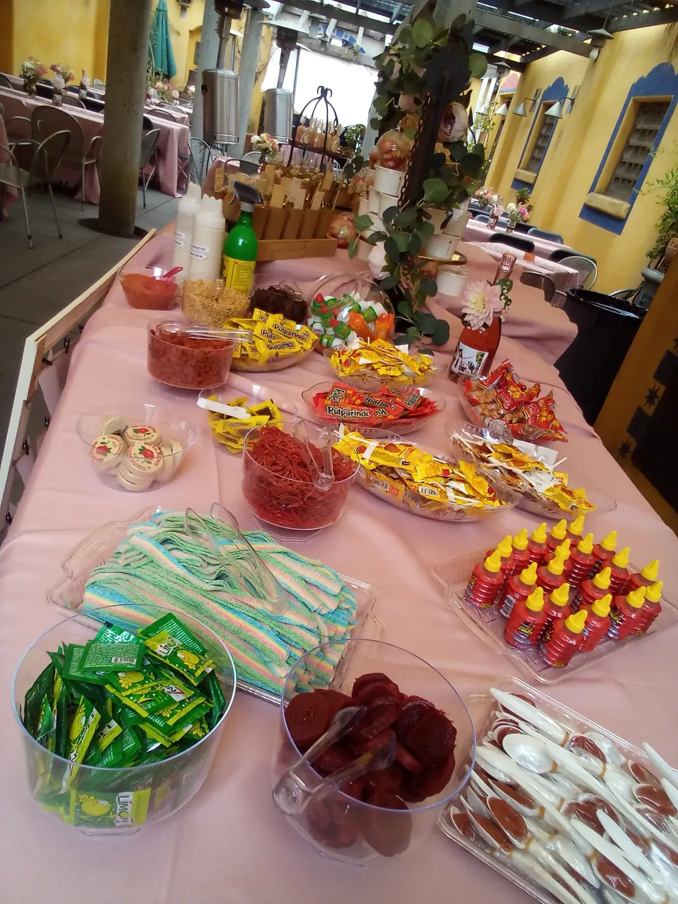 A close detail of the candy station prepared for guests.