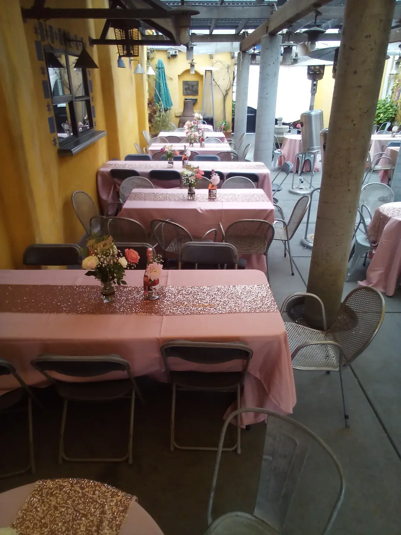 An outdoor dining area arranged for a private celebration.